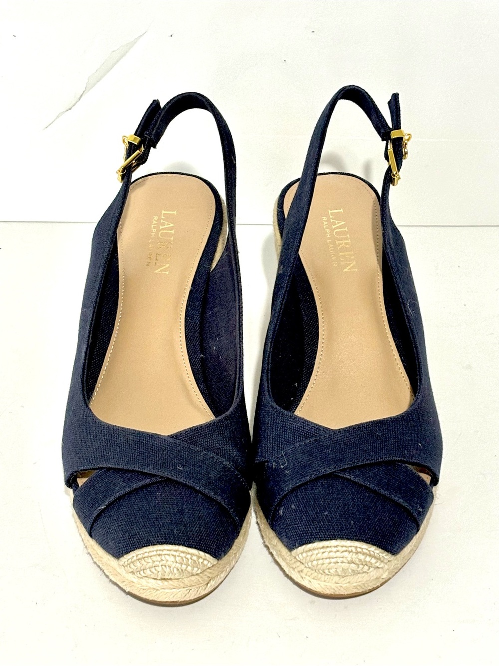 Ralph Lauren Navy Gold Canvas Espadrille Wedge Slingback Size 9 EUC - Picture 5 of 10